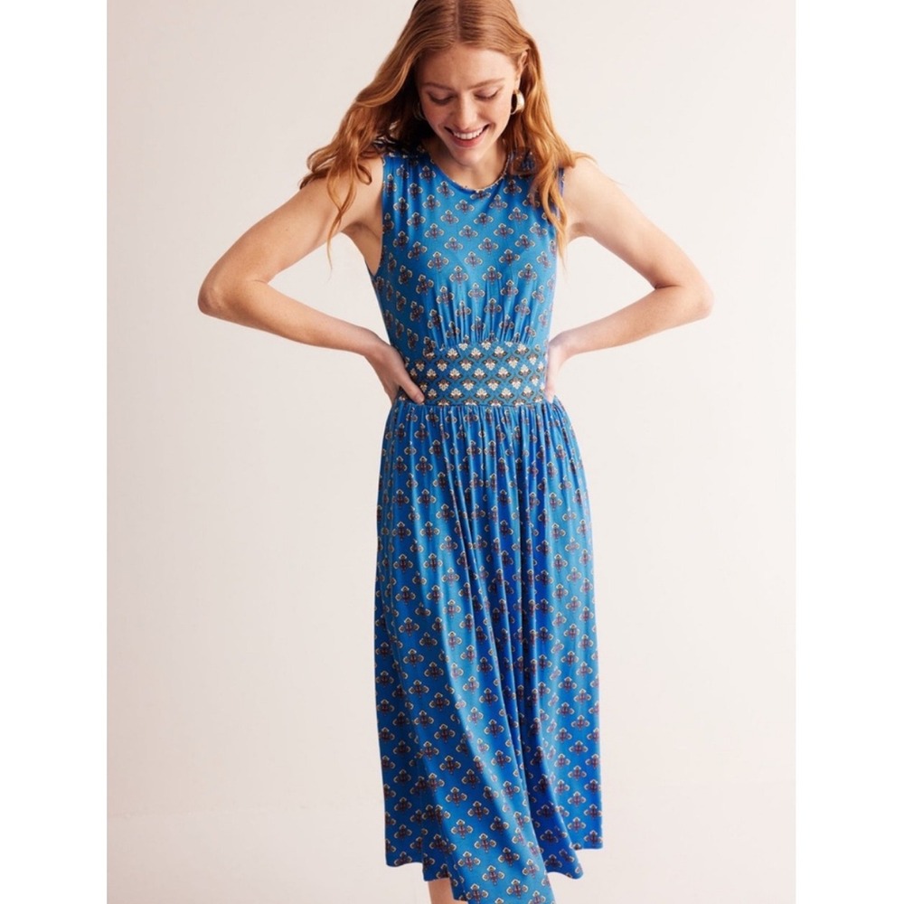 Boden Womens Thea Midi Dress 2P Blue Indigo Bunting Passion Stem Sleeveless Boho